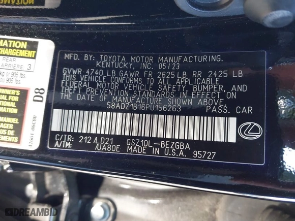2023 Lexus ES with VIN 58ADZ1B16PU156263, listed as a IAAI auction lot 41265030 with 34877 miles. Bid and sale history available at carsss.com. Image 9.