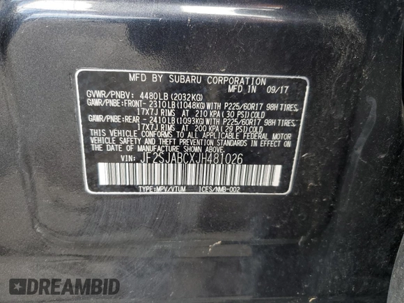 2018 Subaru Forester with VIN JF2SJABCXJH481026, listed as a Copart auction lot 62896605 with 112,387 mi miles and Salvage title. Bid and sale history available at DreamBid. Image 13.