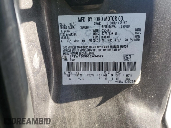 2008 Ford F-350 with VIN 1FTWF30598EA54627, listed as a Copart auction lot 54067735 with 206,582 mi miles and Salvage title. Bid and sale history available at DreamBid. Image 12.