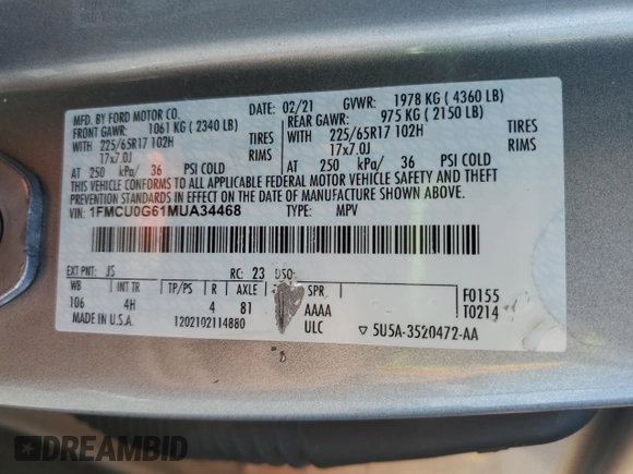2021 Ford Escape SE with VIN 1FMCU0G61MUA34468, listed as a Copart auction lot 53370055 with 113,253 mi miles and Salvage title. Bid and sale history available at DreamBid. Image 13.