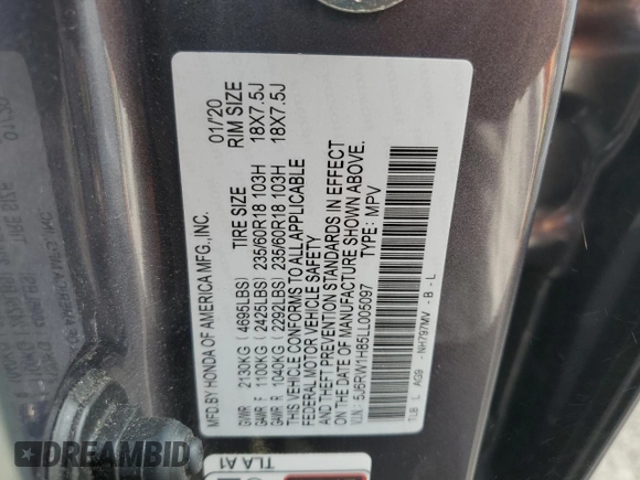 2020 Honda CR-V EX-L with VIN 5J6RW1H85LL005097, listed as a Copart auction lot 74837054 with 34,251 mi miles and Non Repairable. Bid and sale history available at carsss.com. Image 14.