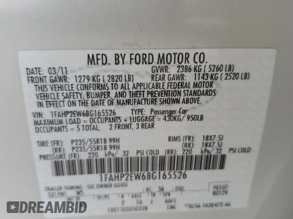 2011 Ford Taurus SEL with VIN 1FAHP2EW6BG165526, listed as a Copart auction lot 51475515 with 101,481 mi miles and Salvage Title. Bid and sale history available at carsss.com. Image 12.