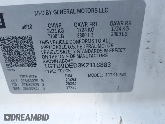 2019 GMC Sierra 1500 SLT z VIN 1GTU9DED3KZ116883, wystawiony jako IAAI lot #41828826 z przebiegiem 128 062 mil mil oraz . Historia ofert i sprzedaży dostępna na DreamBid. Obrazek 9.