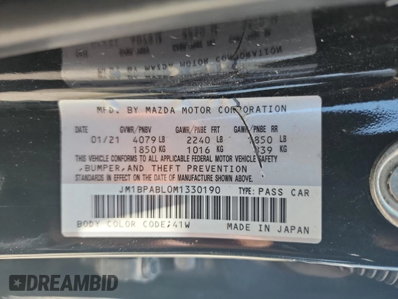2021 Mazda 3 Select with VIN JM1BPABL0M1330190, listed as a Copart auction lot 62727635 with Not provided miles and Clean title. Bid and sale history available at DreamBid. Image 10.