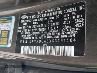 2012 Kia Sorento EX with VIN 5XYKUCA6XCG294104, listed as a IAAI auction lot 42413363 with 57,527 mi miles and . Bid and sale history available at DreamBid. Image 9.