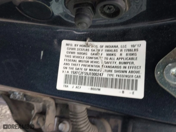 2018 Honda Civic Sedan LX with VIN 19XFC2F59JE000247, listed as a IAAI auction lot 41938276 with 170,268 mi miles. Bid and sale history available at carsss.com. Image 9.