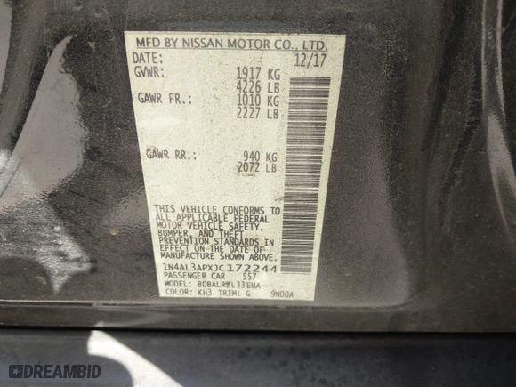 2018 Nissan Altima 2.5 SV with VIN 1N4AL3APXJC172244, listed as a IAAI auction lot 41861358 with 204,181 mi miles. Bid and sale history available at carsss.com. Image 9.
