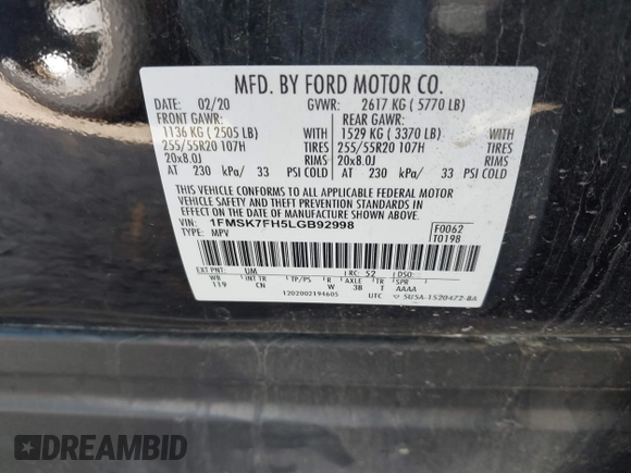 2020 Ford Explorer Limited with VIN 1FMSK7FH5LGB92998, listed as a IAAI auction lot 41651799 with 65,970 mi miles and . Bid and sale history available at carsss.com. Image 9.