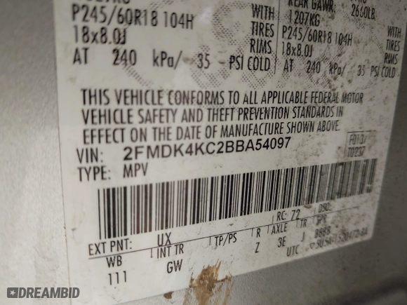 2011 Ford Edge Limited with VIN 2FMDK4KC2BBA54097, listed as a IAAI auction lot 41916905 with 260,378 mi miles. Bid and sale history available at carsss.com. Image 9.