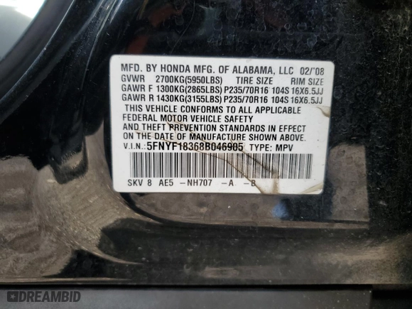 2008 Honda Pilot SE with VIN 5FNYF18368B046905, listed as a Copart auction lot 48391255 with 191,539 mi miles and Salvage Title. Bid and sale history available at carsss.com. Image 13.