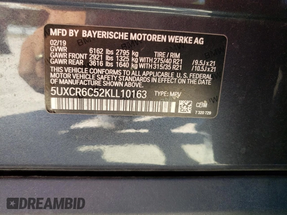 2019 BMW X5 xDrive40i with VIN 5UXCR6C52KLL10163, listed as a Copart auction lot 62190802 with 48,191 mi miles. Bid and sale history available at carsss.com. Image 10.