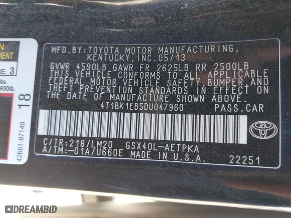 2013 Toyota Avalon XLE with VIN 4T1BK1EB5DU047960, listed as a IAAI auction lot 40474003 with 153,420 mi miles. Bid and sale history available at carsss.com. Image 9.