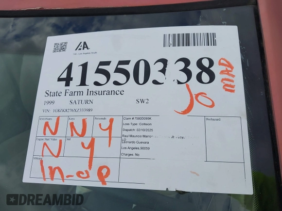1999 Saturn SW z VIN 1G8ZK8276XZ333989, wystawiony jako IAAI lot #41550338 z przebiegiem 142 592 mil mil oraz . Historia ofert i sprzedaży dostępna na DreamBid. Obrazek 17.