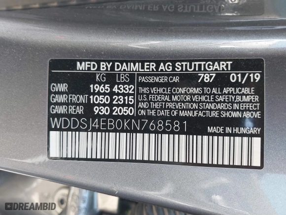 2019 Mercedes-Benz CLA with VIN WDDSJ4EB0KN768581, listed as a IAAI auction lot 41856086 with 41,864 mi miles. Bid and sale history available at carsss.com. Image 9.