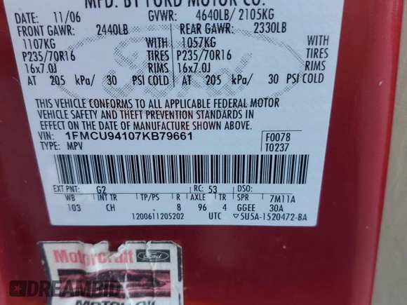 2007 Ford Escape Limited with VIN 1FMCU94107KB79661, listed as a Copart auction lot 42626915 with 211,722 mi miles and Salvage Title. Bid and sale history available at carsss.com. Image 13.
