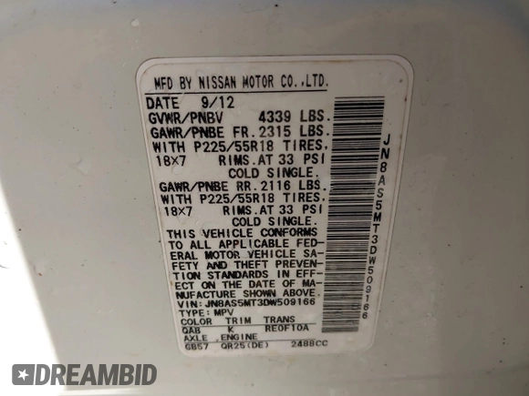 2013 Nissan Rogue S with VIN JN8AS5MT3DW509166, listed as a IAAI auction lot 41733859 with 126,619 mi miles and . Bid and sale history available at DreamBid. Image 9.