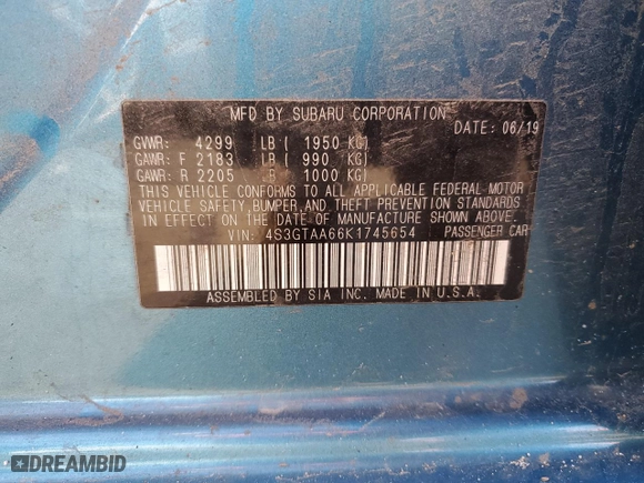 2019 Subaru Impreza with VIN 4S3GTAA66K1745654, listed as a Copart auction lot 84204604 with 45,767 mi miles and Salvage Title. Bid and sale history available at carsss.com. Image 12.