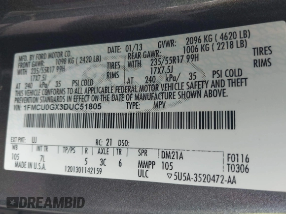 2013 Ford Escape SE with VIN 1FMCU0GX3DUC51805, listed as a IAAI auction lot 42481078 with 162,805 mi miles and . Bid and sale history available at DreamBid. Image 9.