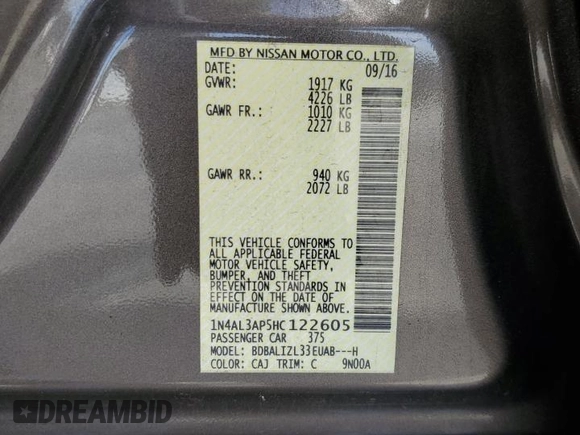 2017 Nissan Altima SV z VIN 1N4AL3AP5HC122605, wystawiony jako Copart lot #55948535 z przebiegiem 101 575 mil mil oraz Szkoda całkowita • Salvage title. Historia ofert i sprzedaży dostępna na DreamBid. Obrazek 12.