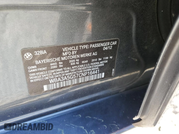 2012 BMW 3 Series 328i z VIN WBA3A5G57CNP16441, wystawiony jako Copart lot #49571245 z przebiegiem 140 245 mil mil oraz Szkoda całkowita • Salvage title. Historia ofert i sprzedaży dostępna na DreamBid. Obrazek 14.