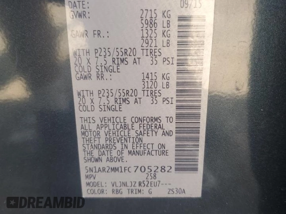 2015 Nissan Pathfinder SL with VIN 5N1AR2MM1FC705282, listed as a Copart auction lot 61608575 with 140,407 mi miles and Clean title. Bid and sale history available at DreamBid. Image 13.