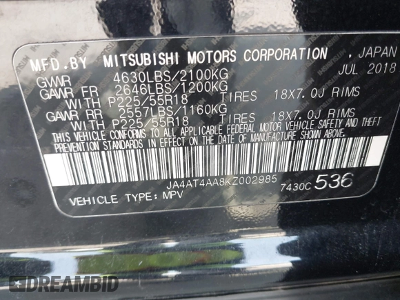 2019 Mitsubishi Eclipse Cross LE with VIN JA4AT4AA8KZ002985, listed as a IAAI auction lot 42003143 with 107,920 mi miles and . Bid and sale history available at DreamBid. Image 9.