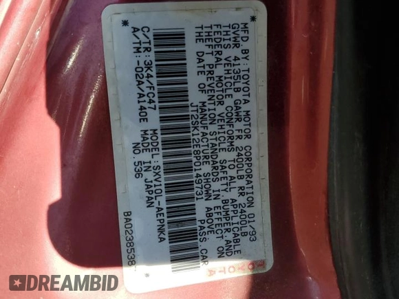1993 Toyota Camry LE with VIN JT2SK12E8P0149731, listed as a Copart auction lot 83082154 with 197,590 mi miles and Salvage Title. Bid and sale history available at carsss.com. Image 12.
