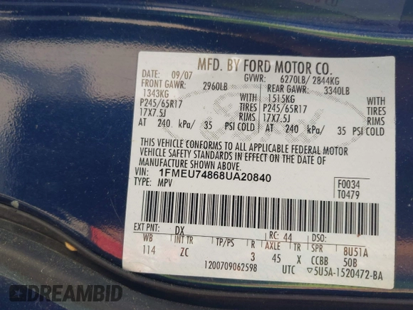 2008 Ford Explorer Eddie Bauer with VIN 1FMEU74868UA20840, listed as a IAAI auction lot 42367568 with 153,627 mi miles and . Bid and sale history available at DreamBid. Image 9.