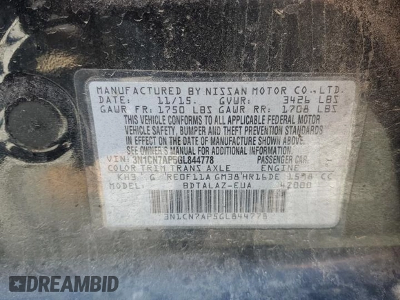 2016 Nissan Versa S Plus with VIN 3N1CN7AP5GL844778, listed as a Copart auction lot 50338725 with 180,397 mi miles and Salvage Title. Bid and sale history available at carsss.com. Image 14.