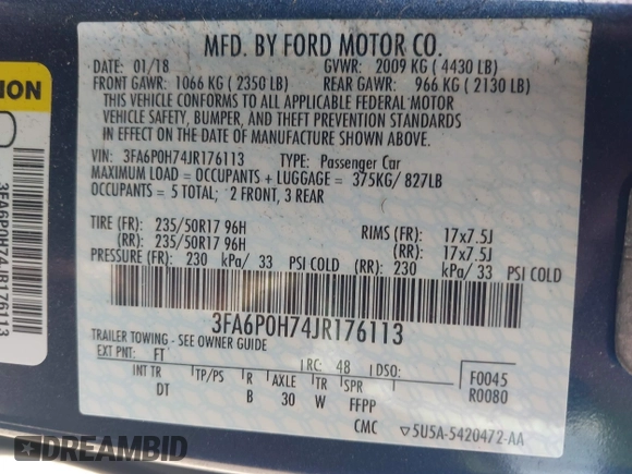 2018 Ford Fusion SE z VIN 3FA6P0H74JR176113, wystawiony jako IAAI lot #42074916 z przebiegiem 78 940 mil mil oraz . Historia ofert i sprzedaży dostępna na DreamBid. Obrazek 9.