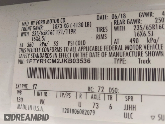 2018 Ford Transit with VIN 1FTYR1CM2JKB03536, listed as a IAAI auction lot 41397754 with 81,080 mi miles and . Bid and sale history available at DreamBid. Image 9.