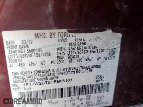 2012 Ford F-250 XL with VIN 1FT7W2BT5CEB66103, listed as a Copart auction lot 65923555 with 224,580 mi miles and Salvage title. Bid and sale history available at DreamBid. Image 13.