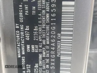 2013 Kia Optima SX with VIN 5XXGR4A62DG116593, listed as a Copart auction lot 59696705 with 120,248 mi miles and Salvage title. Bid and sale history available at DreamBid. Image 12.