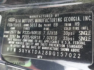 2011 Kia Sorento LX with VIN 5XYKTDA28BG157022, listed as a IAAI auction lot 42061926 with 211,826 mi miles. Bid and sale history available at carsss.com. Image 9.