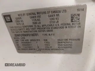 2015 Chevrolet Equinox LT z VIN 2GNFLFEK6F6190781, wystawiony jako IAAI lot #41309157 z przebiegiem 160 353 mil mil oraz . Historia ofert i sprzedaży dostępna na DreamBid. Obrazek 9.