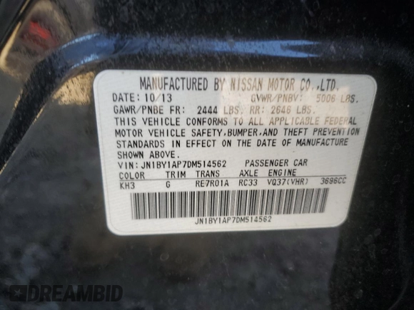 2013 Infiniti M37 with VIN JN1BY1AP7DM514562, listed as a Copart auction lot 82573534 with 135,852 mi miles and Non Repairable. Bid and sale history available at carsss.com. Image 12.