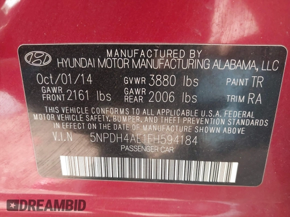 2015 Hyundai Elantra SE with VIN 5NPDH4AE1FH594184, listed as a IAAI auction lot 41602213 with 114,228 mi miles and . Bid and sale history available at DreamBid. Image 9.