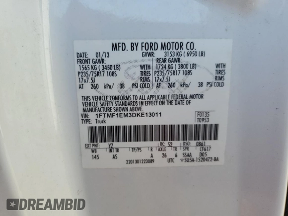 2013 Ford F-150 XL with VIN 1FTMF1EM3DKE13011, listed as a Copart auction lot 86496544 with 171,893 mi miles and Clean title. Bid and sale history available at DreamBid. Image 12.