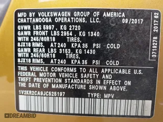 2018 Volkswagen Atlas 3.6L V6 SE with VIN 1V2KR2CA9JC525197, listed as a IAAI auction lot 37875450 with 62,703 mi miles. Bid and sale history available at carsss.com. Image 9.