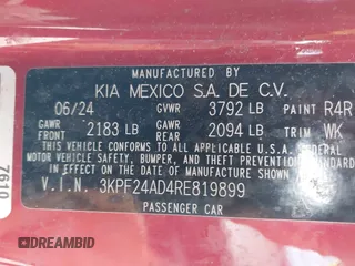 2024 Kia Forte LXS with VIN 3KPF24AD4RE819899, listed as a IAAI auction lot 41796645 with 43,511 mi miles. Bid and sale history available at carsss.com. Image 9.