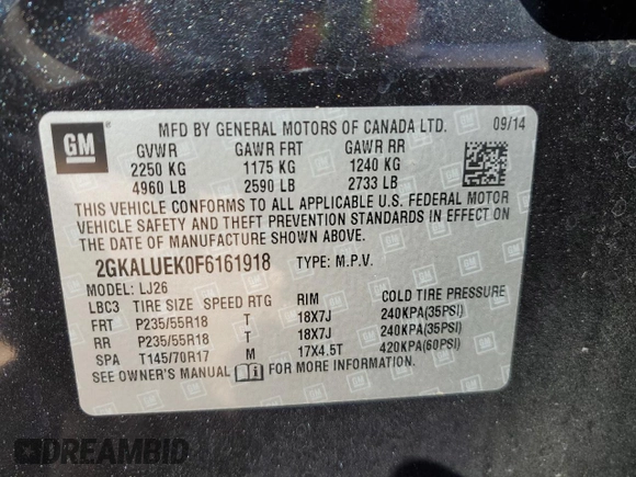 2015 GMC Terrain Denali with VIN 2GKALUEK0F6161918, listed as a Copart auction lot 81574114 with 61,354 mi miles and Salvage Title. Bid and sale history available at carsss.com. Image 14.
