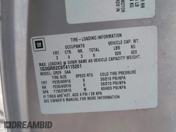 1996 Oldsmobile Aurora with VIN 1G3GR62C8T4115201, listed as a IAAI auction lot 41833178 with 159,049 mi miles and . Bid and sale history available at DreamBid. Image 9.
