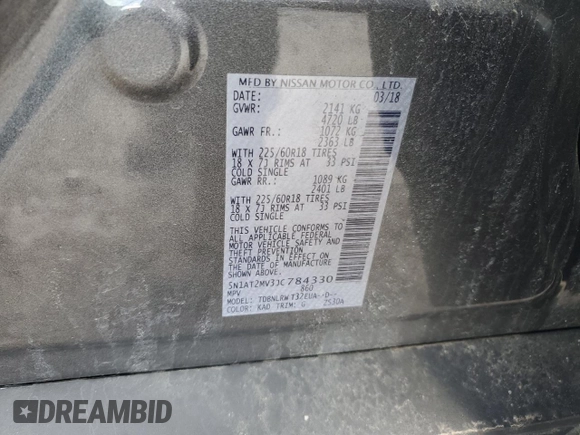 2018 Nissan Rogue SV with VIN 5N1AT2MV3JC784330, listed as a Copart auction lot 50060955 with 84,704 mi miles and Salvage Title. Bid and sale history available at DreamBid. Image 14.