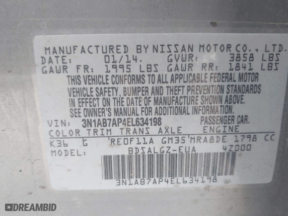 2014 Nissan Sentra SR with VIN 3N1AB7AP4EL634198, listed as a IAAI auction lot 42013632 with 209,145 mi miles. Bid and sale history available at carsss.com. Image 9.