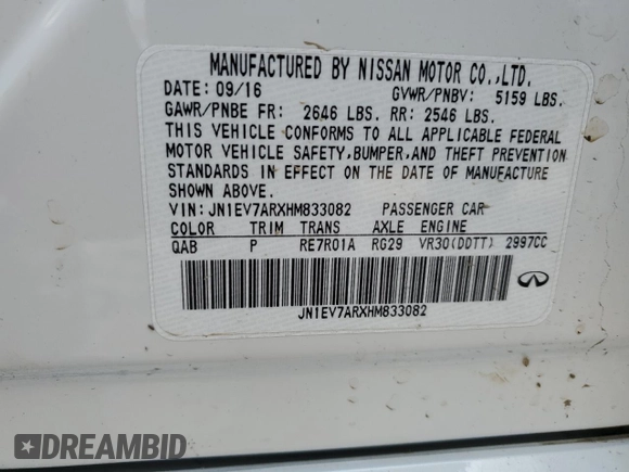 2017 Infiniti Q50 3.0t Sport with VIN JN1EV7ARXHM833082, listed as a Copart auction lot 75851794 with 63,349 mi miles and Salvage Title. Bid and sale history available at carsss.com. Image 15.