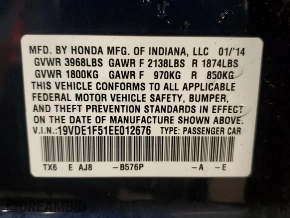 2014 Acura ILX Premium with VIN 19VDE1F51EE012676, listed as a Copart auction lot 57780665 with 36,563 mi miles and Salvage title. Bid and sale history available at DreamBid. Image 13.