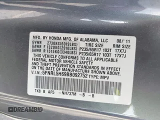 2011 Honda Odyssey EX-L with VIN 5FNRL5H69BB092752, listed as a IAAI auction lot 42245534 with 142,718 mi miles and . Bid and sale history available at DreamBid. Image 9.