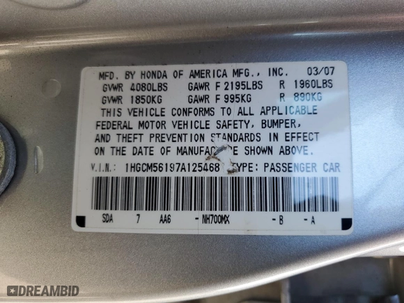 2007 Honda Accord Sdn VP with VIN 1HGCM56197A125468, listed as a Copart auction lot 49581945 with 210,002 mi miles and Clean Title. Bid and sale history available at carsss.com. Image 12.