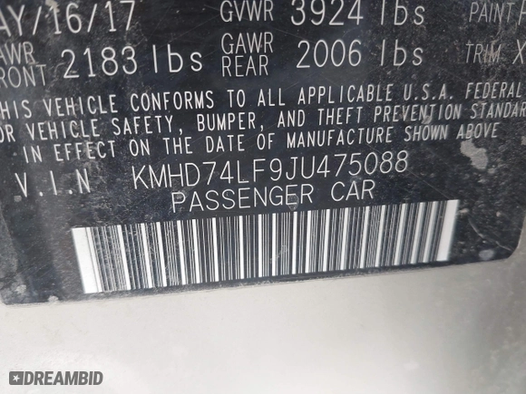 2018 Hyundai Elantra SE with VIN KMHD74LF9JU475088, listed as a IAAI auction lot 41813948 with 114,590 mi miles. Bid and sale history available at carsss.com. Image 9.