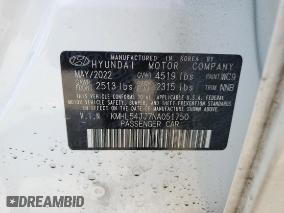 2022 Hyundai Sonata Hybrid Limited with VIN KMHL54JJ7NA051750, listed as a Copart auction lot 52919113 with 12,594 mi miles. Bid and sale history available at carsss.com. Image 13.